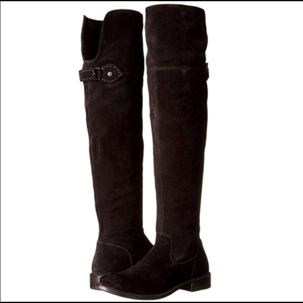 Frye Shirley Over the Knee Boots Black Suede Zip Up Fold Over Tall Leather 8